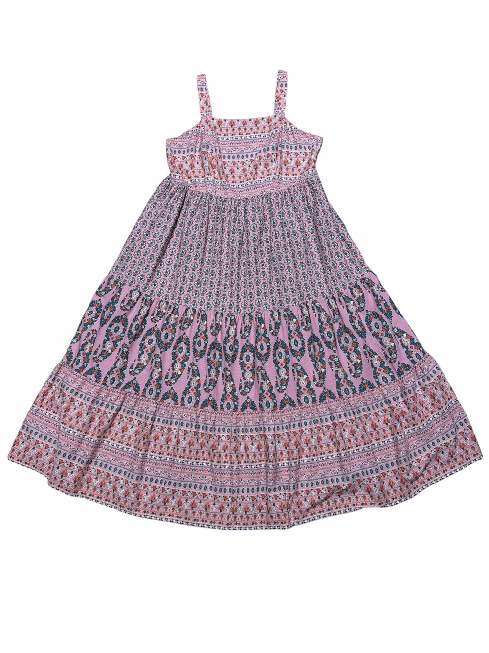 Knox Rose Tiered Dress Women’s XXL Pink Floral Paisley Square Neck Casual Maxi